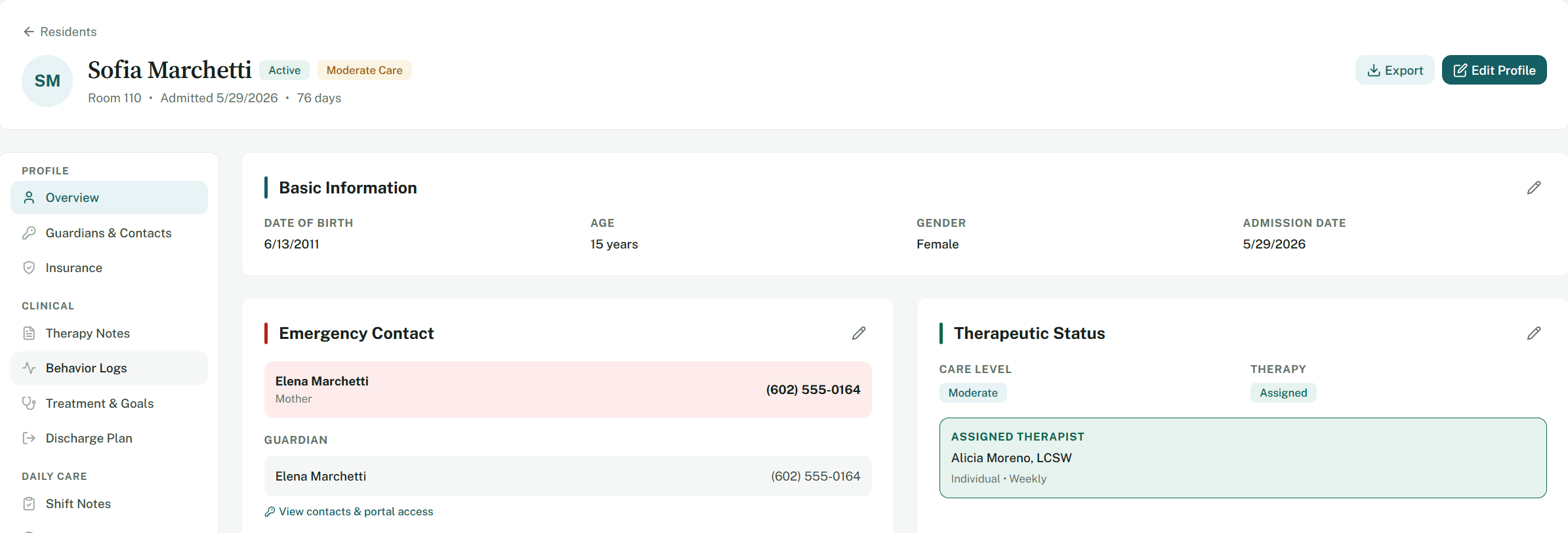 A resident chart with the profile sidebar, basic information, and clinical sections