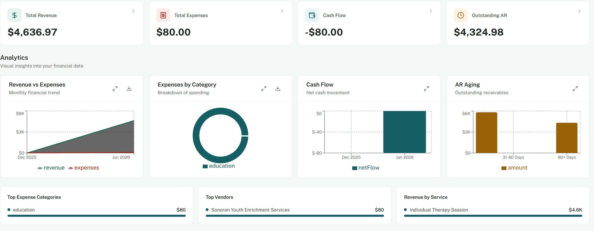 Financial reports with revenue versus expenses and expenses by category