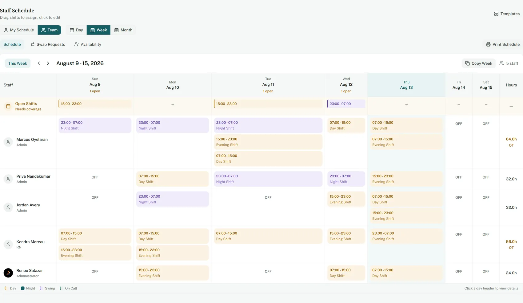 An open shift on the weekly schedule is assigned to a staff member: the dialog opens, a name is chosen, and the shift moves onto that person's row.